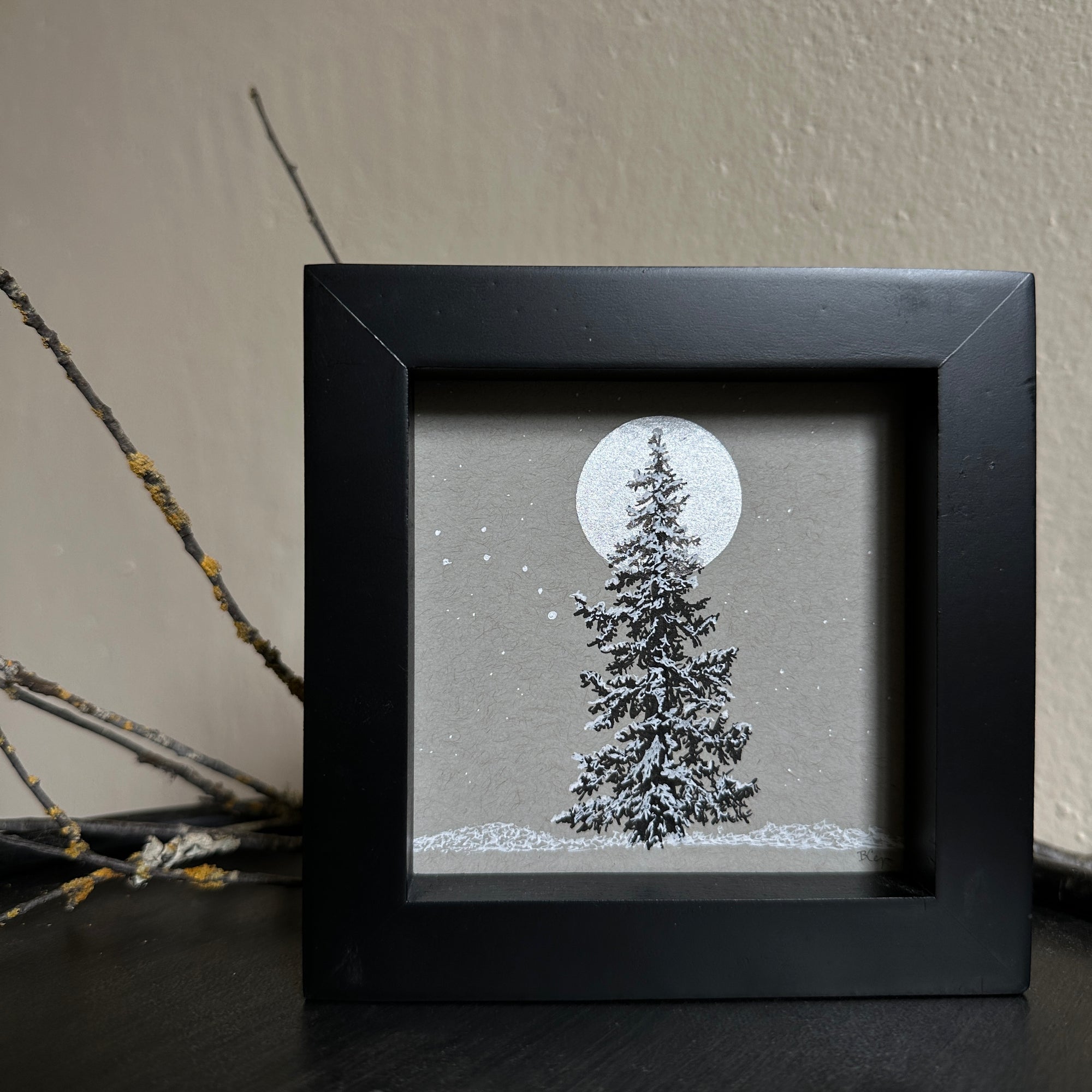 Snowy Tree 6 - Silver Moon and the Little Dipper with a Single Tree on Gray Toned Paper - 4&quot;x4&quot;