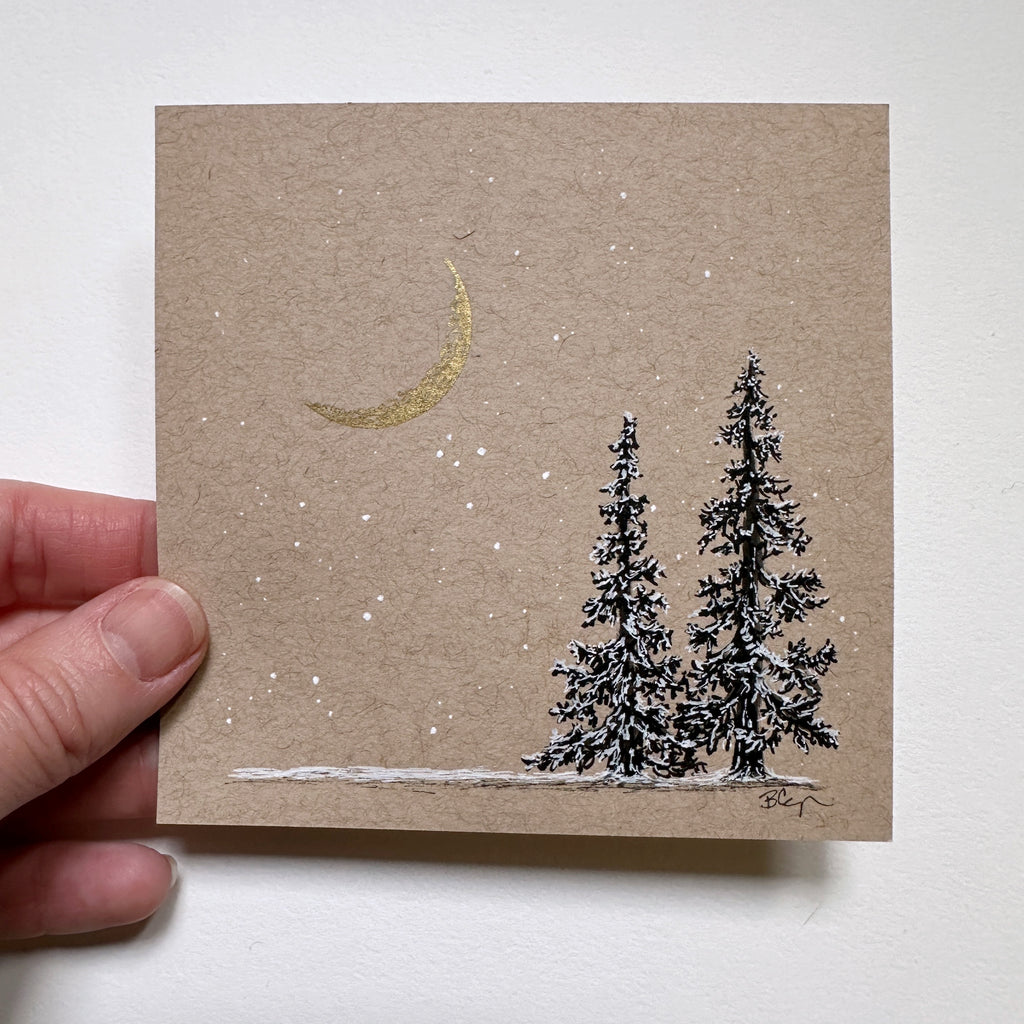 Snowy Tree 10 - Double Tree with Gold Crescent Moon on Tan Toned Paper - 4"x4"