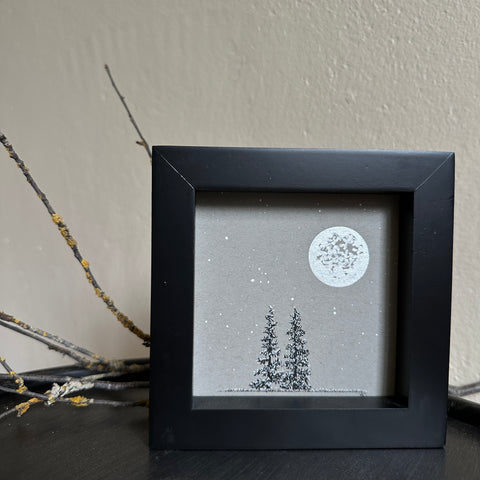 Snowy Tree 9 - Double Tree with Big Silver Moon on Gray Toned Paper - 4"x4"
