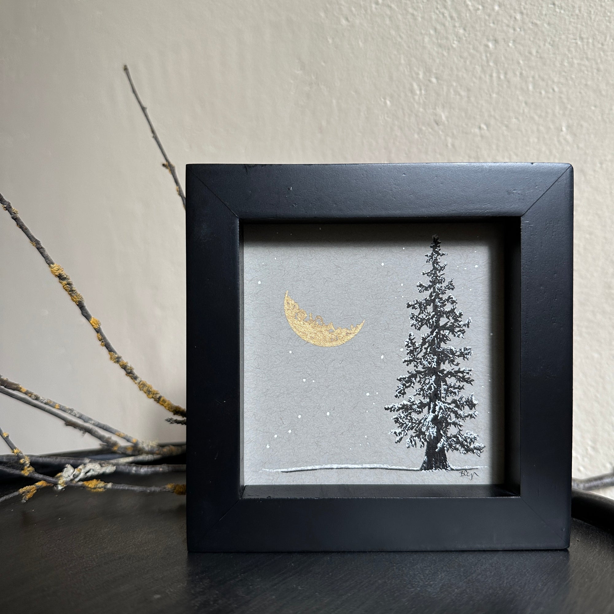 Snowy Tree 12 - Gold Crescent Moon and Single Tree on Gray Toned paper - 4&quot;x4&quot;