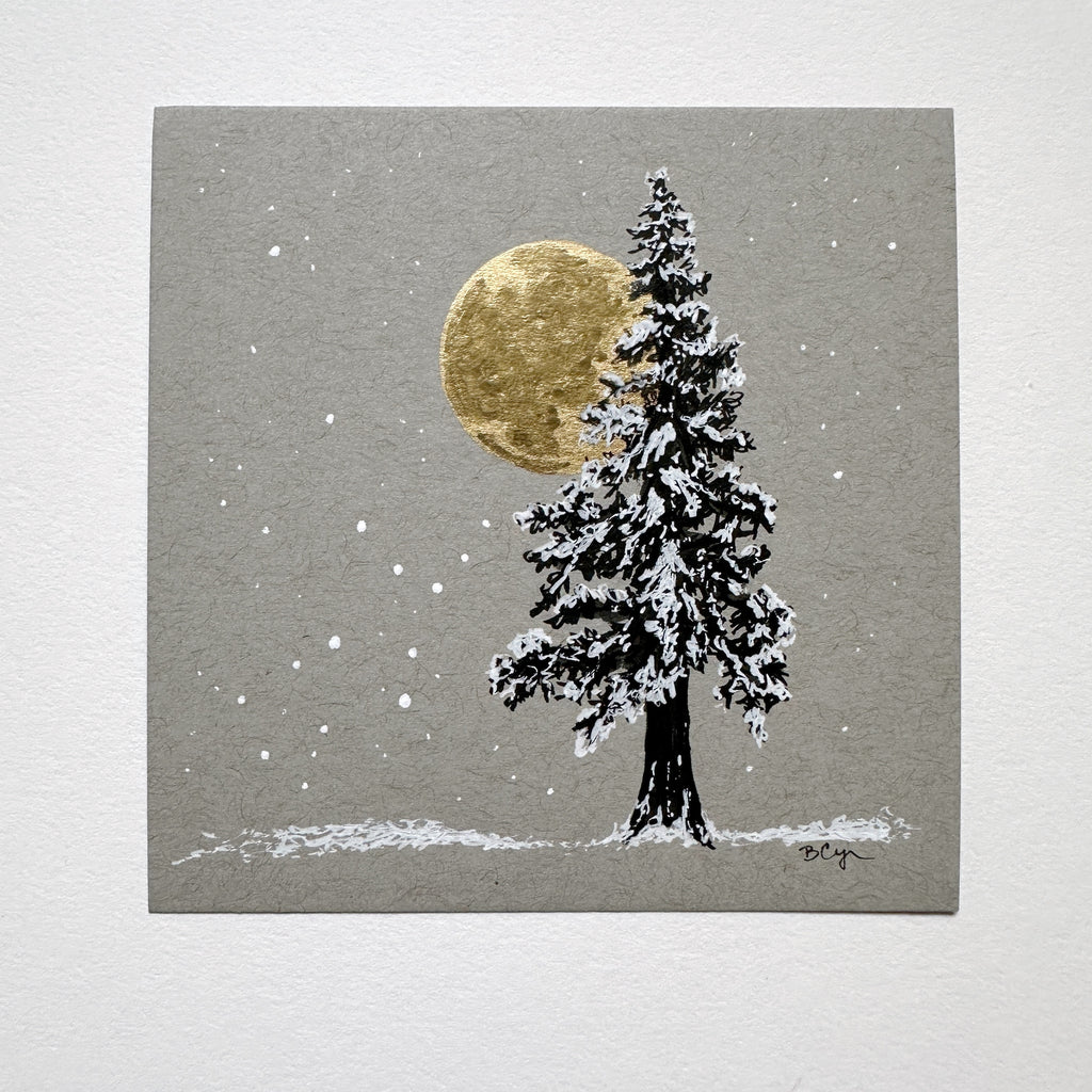 Snowy Tree 5 - Gold Moon and Single Tree on Gray Tone Paper - 4"x4"