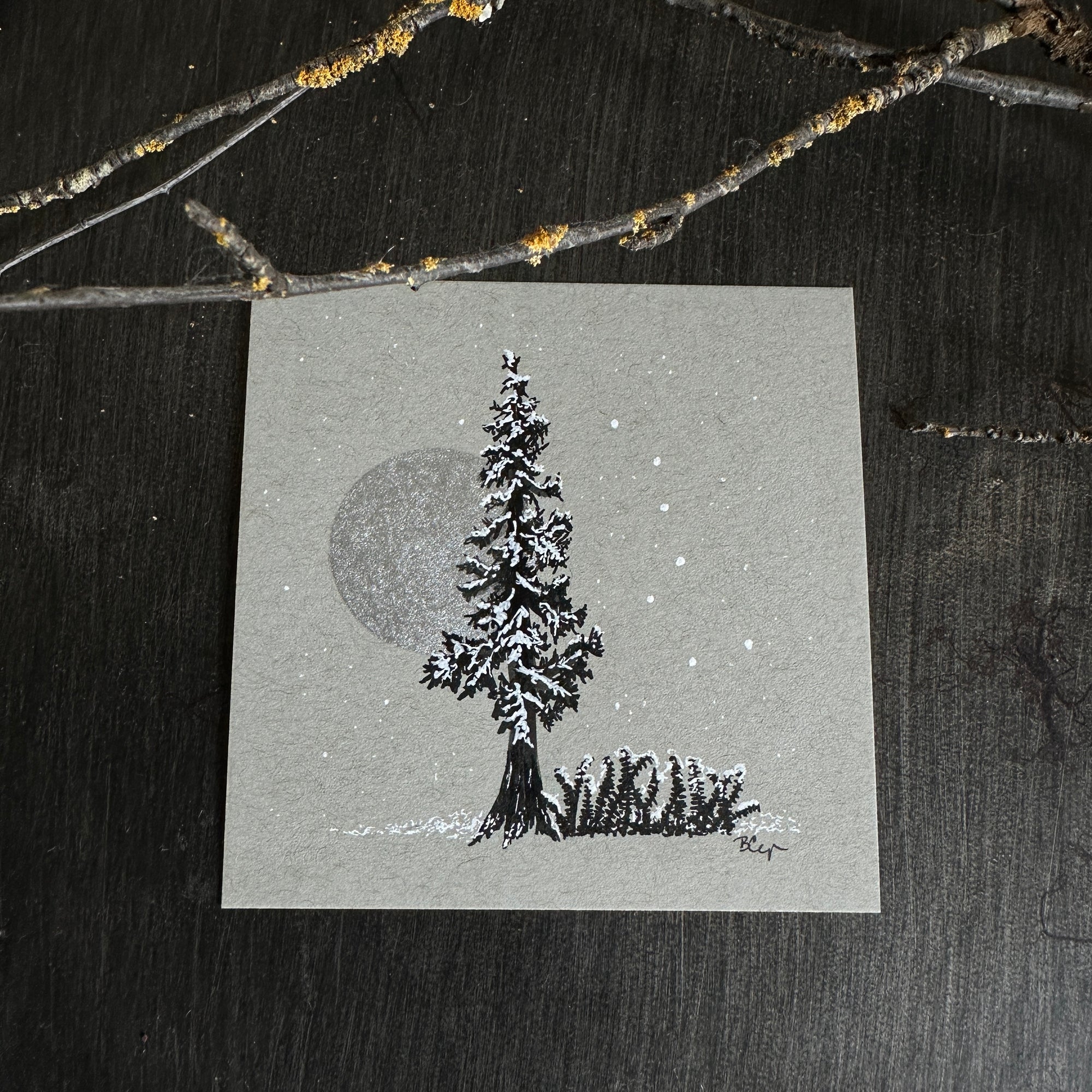 Snowy Tree 2 - Tree with Silver Moon, Ferns and Big Dipper on Gray Toned Paper - 4&quot;x4&quot;
