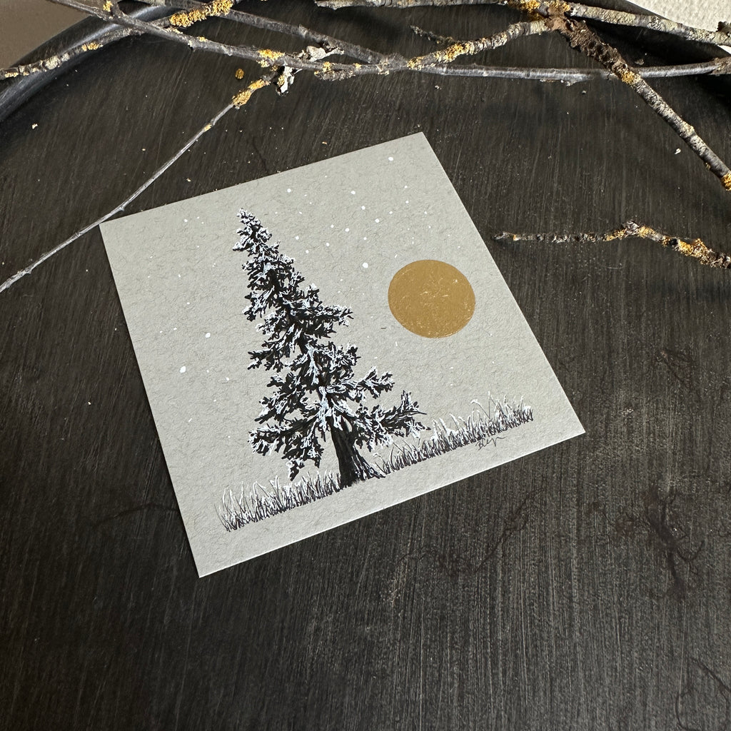 Snowy Tree 3 - Tree with Gold Moon and Snowy Grass on Gray Toned Paper - 4"x4"