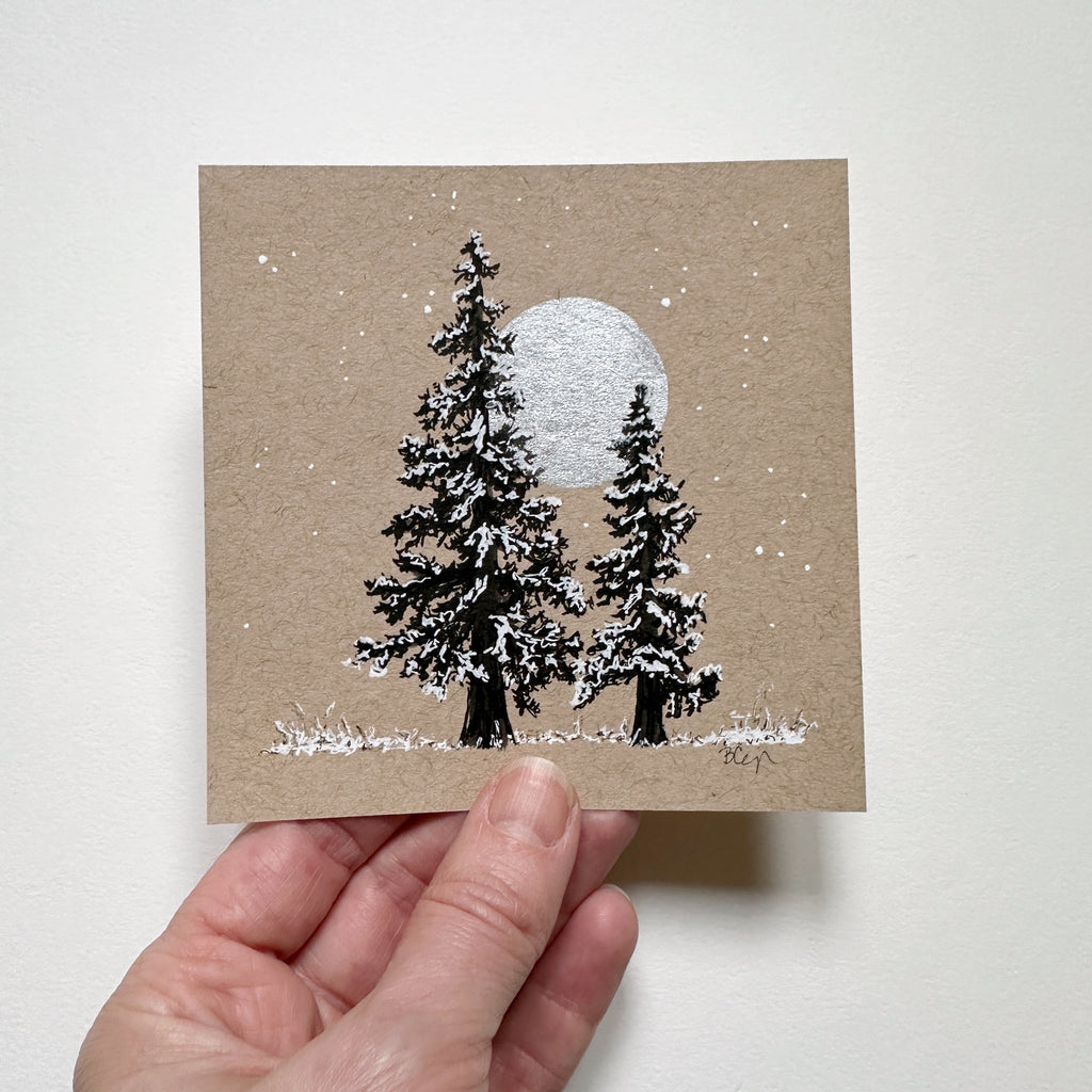 Snowy Tree 1 - Double Tree and Silver Moon on Tan Toned Paper - 4"x4"