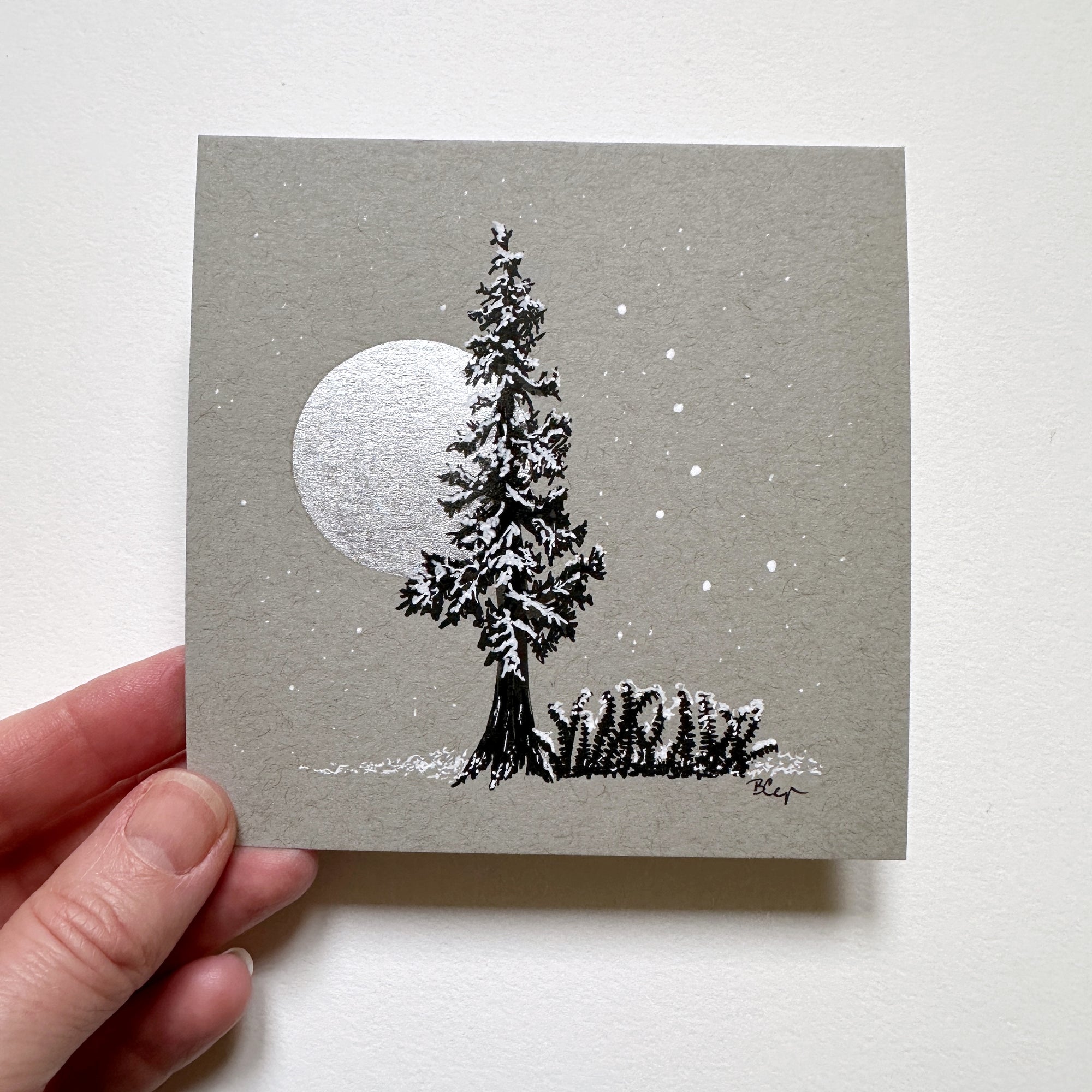 Snowy Tree 2 - Tree with Silver Moon, Ferns and Big Dipper on Gray Toned Paper - 4&quot;x4&quot;