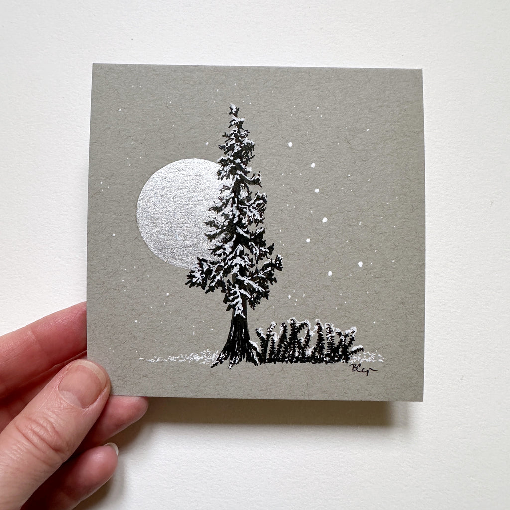 Snowy Tree 2 - Tree with Silver Moon, Ferns and Big Dipper on Gray Toned Paper - 4"x4"