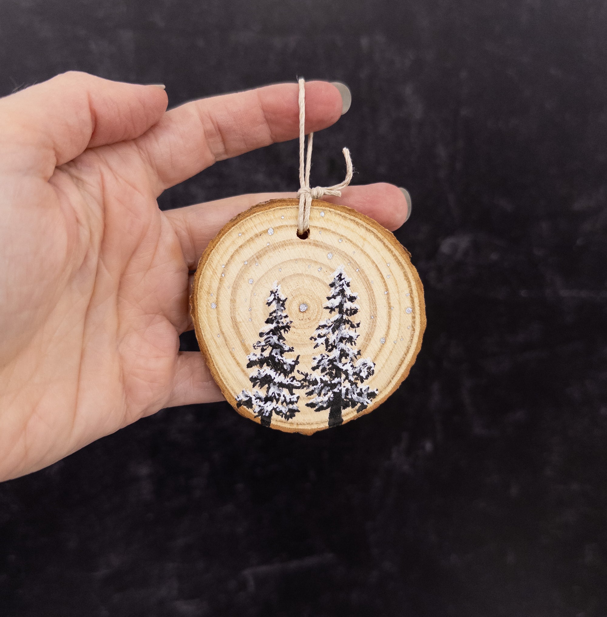 Wood Round Ornament - 18 - 2 Snowy Trees Silver Stars