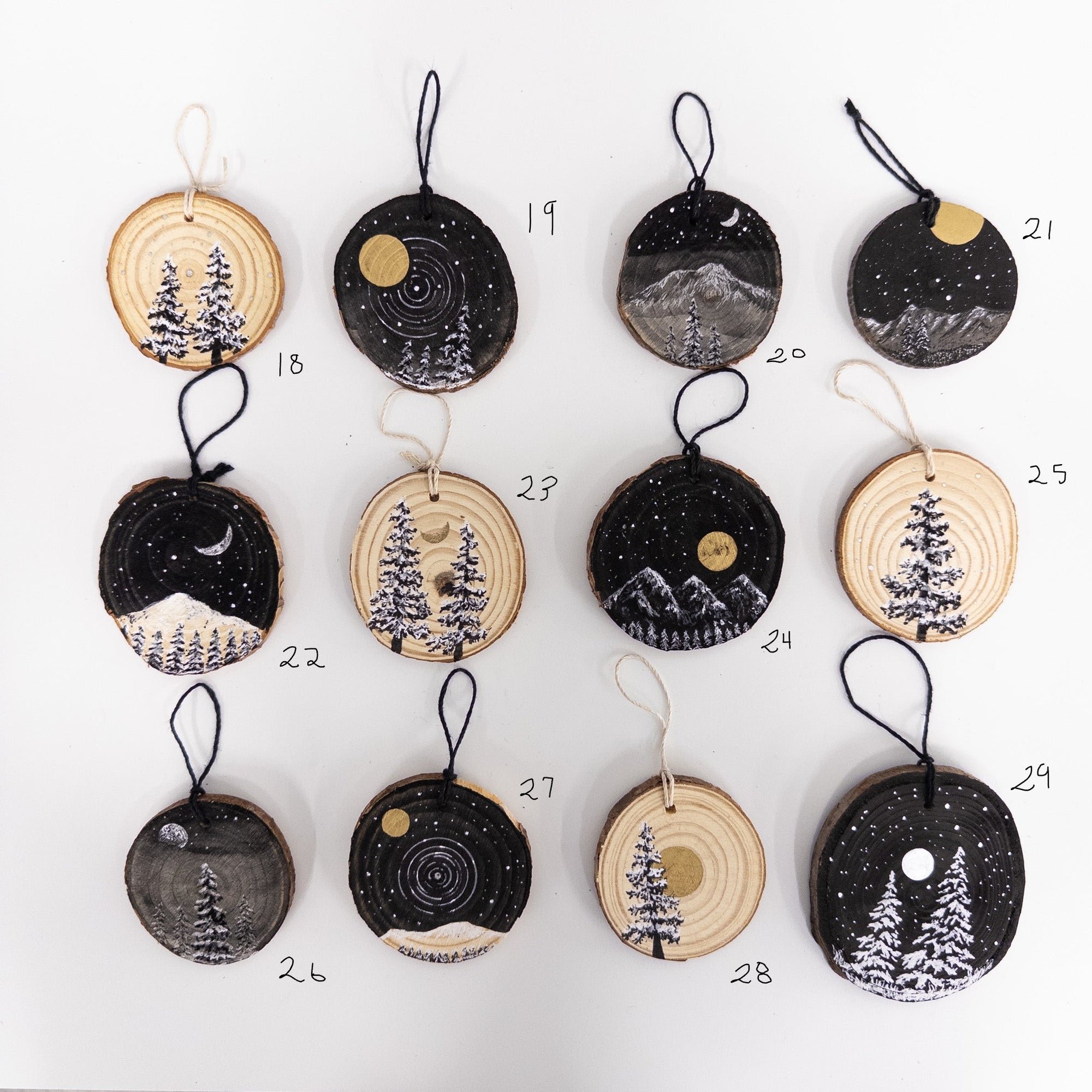 Wood Round Ornament - 19 - Snowy Trees Gold Moon and Star Trails