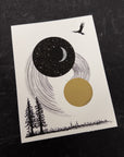 Star Trails, Crescent Moon, Sun and Bird - 6"x8" Original Drawing - Ready to Ship