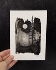 Midnight Flowers - Silver Moon and Lilies  - Original Drawing/Painting - 5"x7"