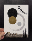 Star Trails, Moon, Sun and Mountain - 6"x8" Original Drawing/Painting - Ready to Ship