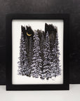 Super Snowy Forest with Gold Crescent Moon - 8"x10" Original Drawing - Ready to Ship