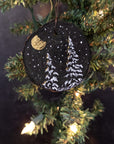 Winter Theme Wood Ornament 2025 - 20 - Two Snowy Trees and Gold Waning Moon