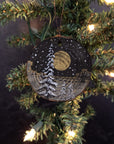 Winter Theme Wood Ornament 2025 - 32 - Snowy Trees, Gold Moon and Gold Lined Clouds