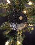 Winter Theme Wood Ornament 2025 - 28 - Three Snowy Trees, Gold Moon, and Gold Lined Clouds