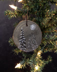 Winter Theme Wood Ornament 2025 - 33 - Three Foggy Snowy Trees and Silver Moon