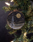 Winter Theme Wood Ornament 2025 - 27 - Gold Moon, Gold Lined Clouds and Snowy Tree