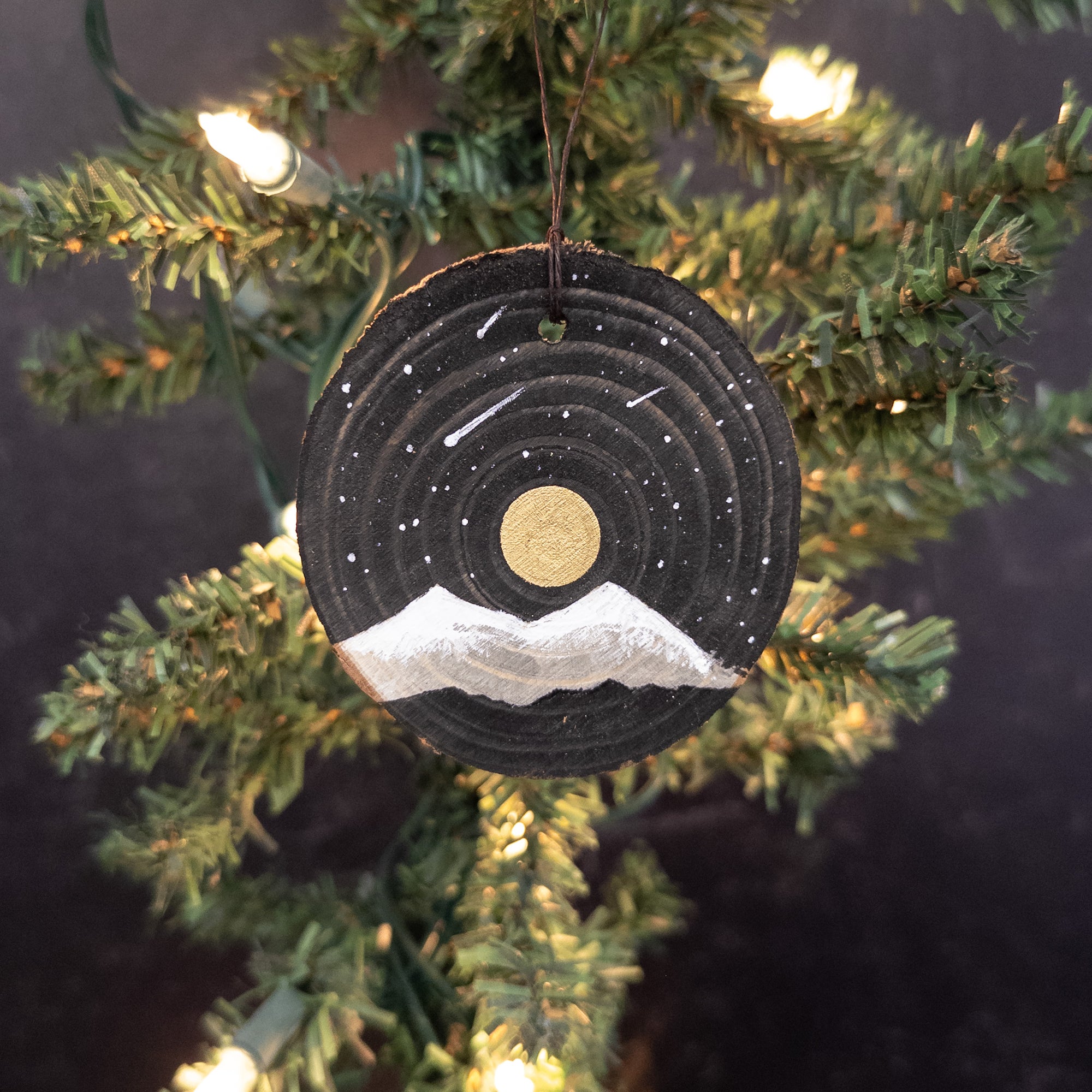Winter Theme Wood Ornament 2025 - 49 - Snowy Mountains and Shooting Stars with Gold Moon