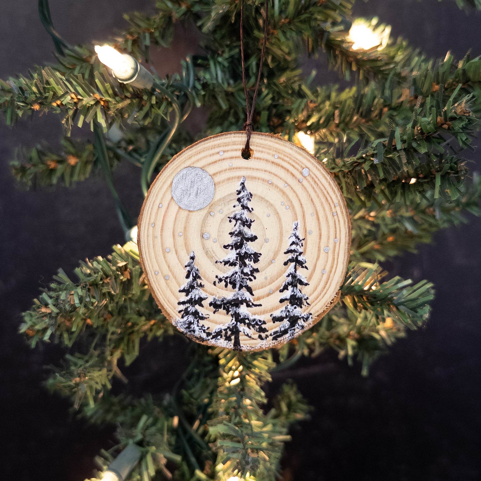 Winter Theme Wood Ornament 2025 - 46 - Three Snowy Trees, Silver Moon and Silver Stars
