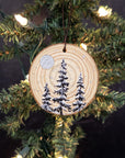 Winter Theme Wood Ornament 2025 - 46 - Three Snowy Trees, Silver Moon and Silver Stars