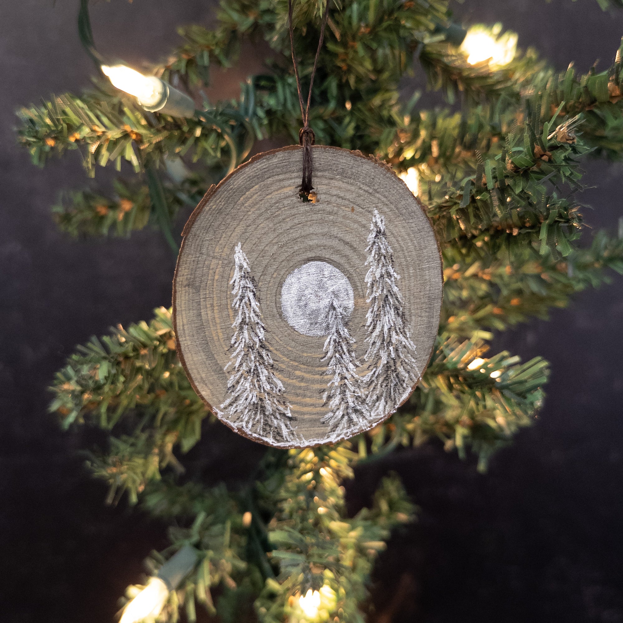 Winter Theme Wood Ornament 2025 - 43 - Three Snowy Foggy Trees with Silver Moon