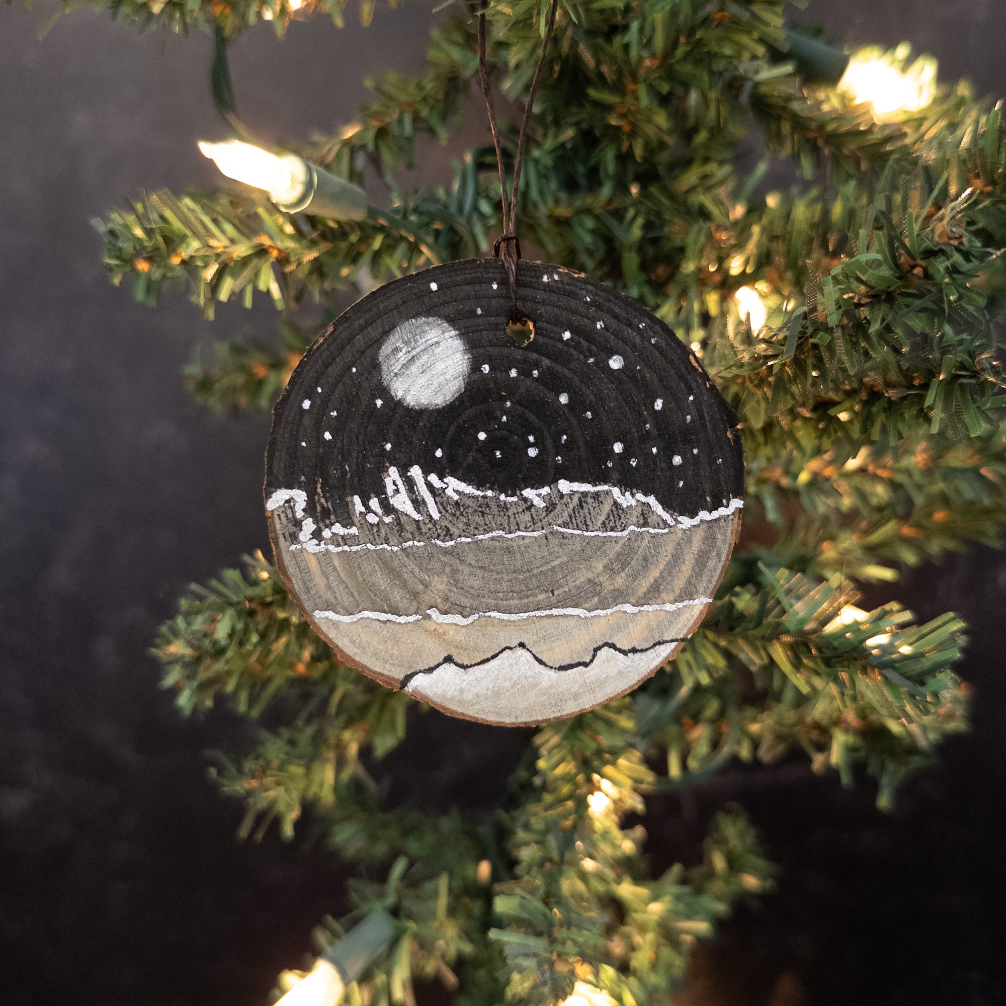 Winter Theme Wood Ornament 2025 - 40 - Abstract Snowy Mountain Landscape with Silver Moon