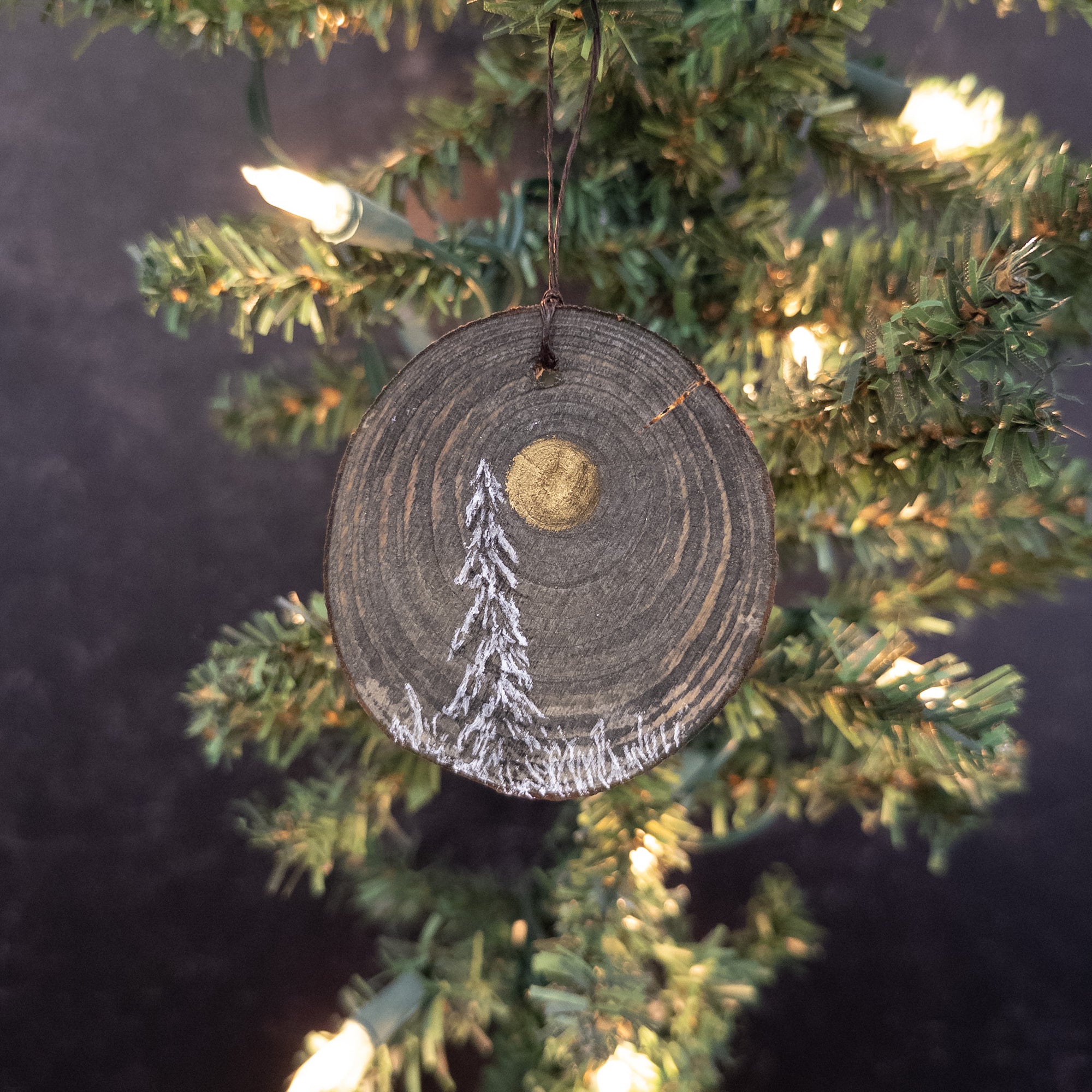 Winter Theme Wood Ornament 2025 - 52 - Single Snowy Tree and Gold Moon