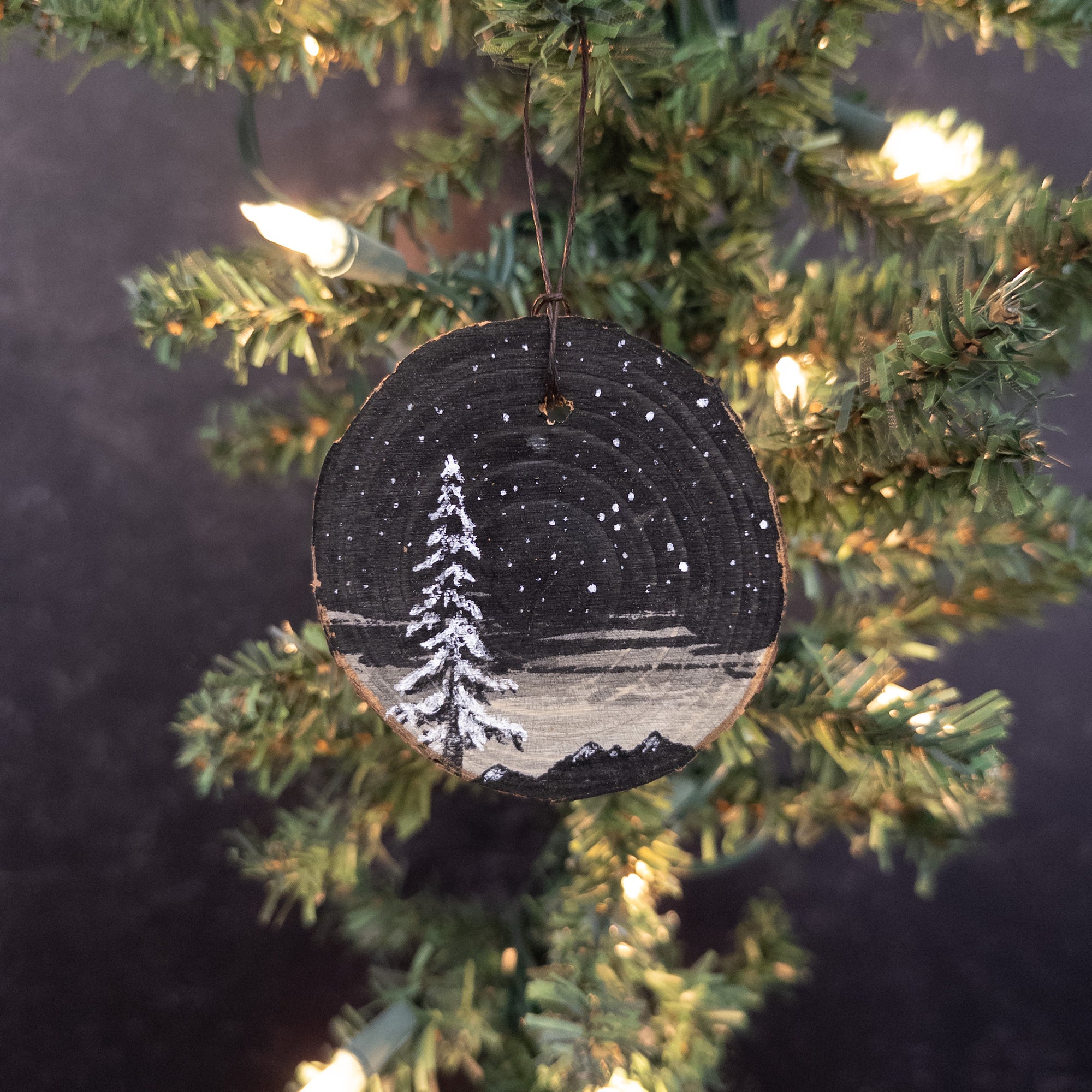 Winter Theme Wood Ornament 2025 - 53 - Tiny Mountain Landscape with Snowy Tree