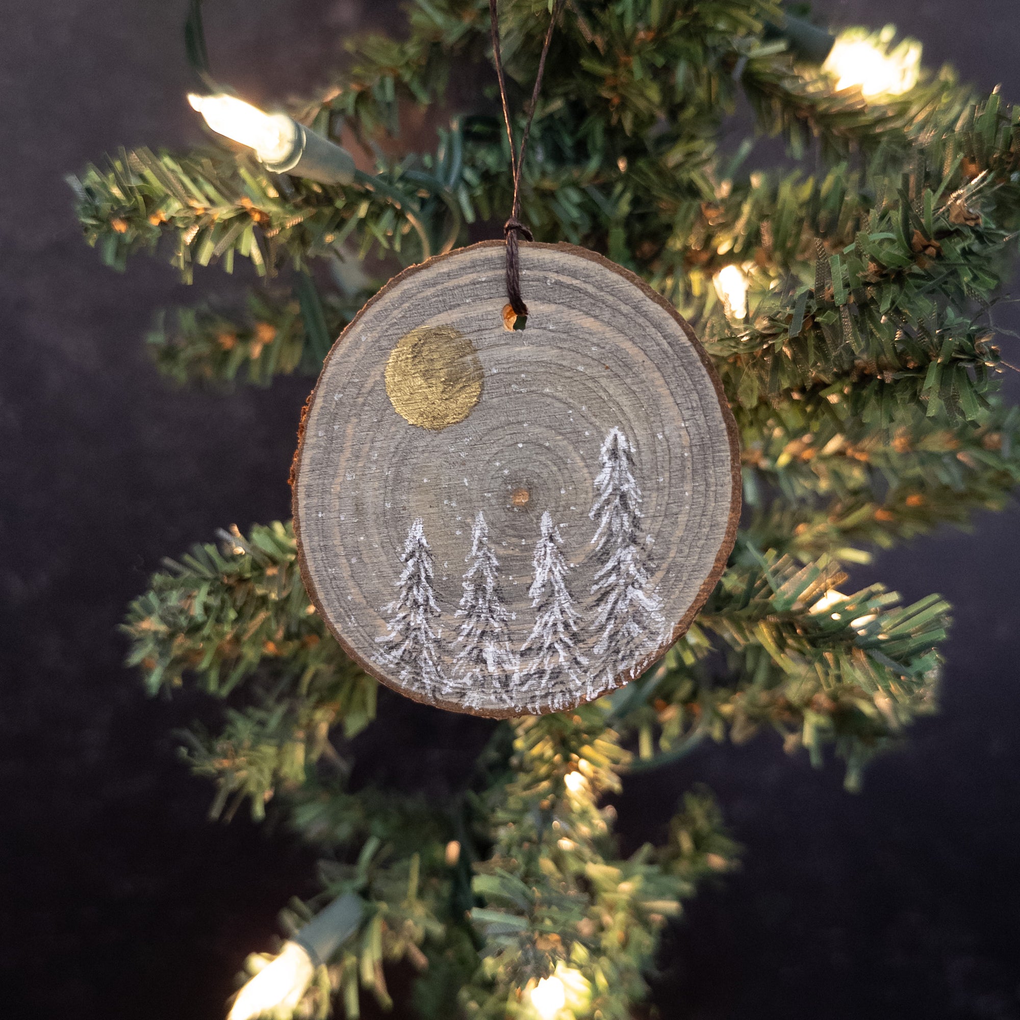 Winter Theme Wood Ornament 2025 - 50 - Four Snowy Trees in the Fog with Gold Moon