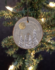 Winter Theme Wood Ornament 2025 - 50 - Four Snowy Trees in the Fog with Gold Moon