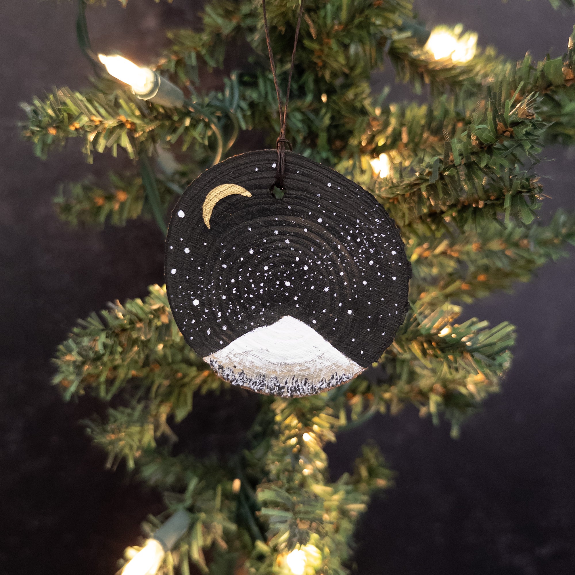 Winter Theme Wood Ornament 2025 - 47 - Snowy Mountain, Milky Way Galaxy and Gold Crescent Moon