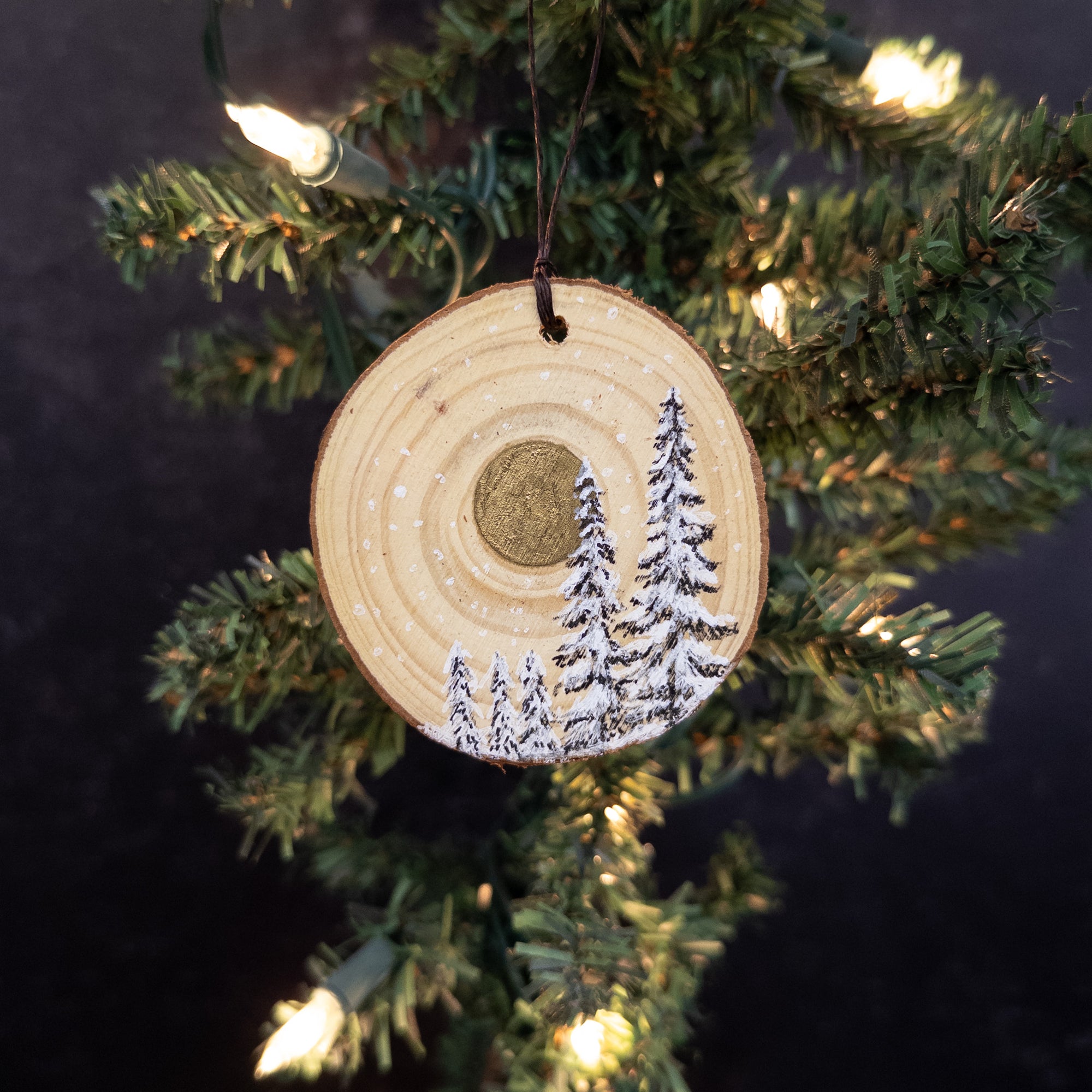 Winter Theme Wood Ornament 2025 - 44 - Five Snowy Trees and Gold Moon