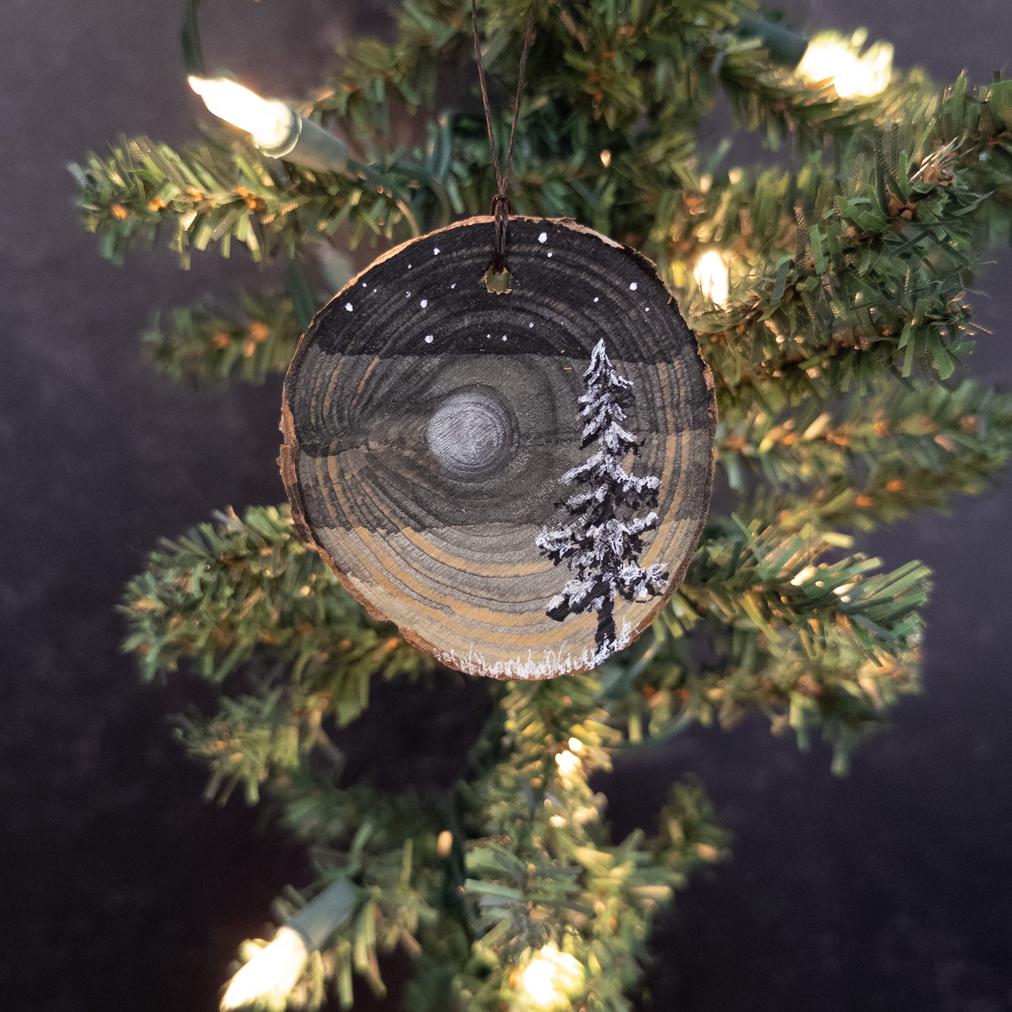 Winter Theme Wood Ornament 2025 - 51 - Snowy Tree and Subtle Silver Moon