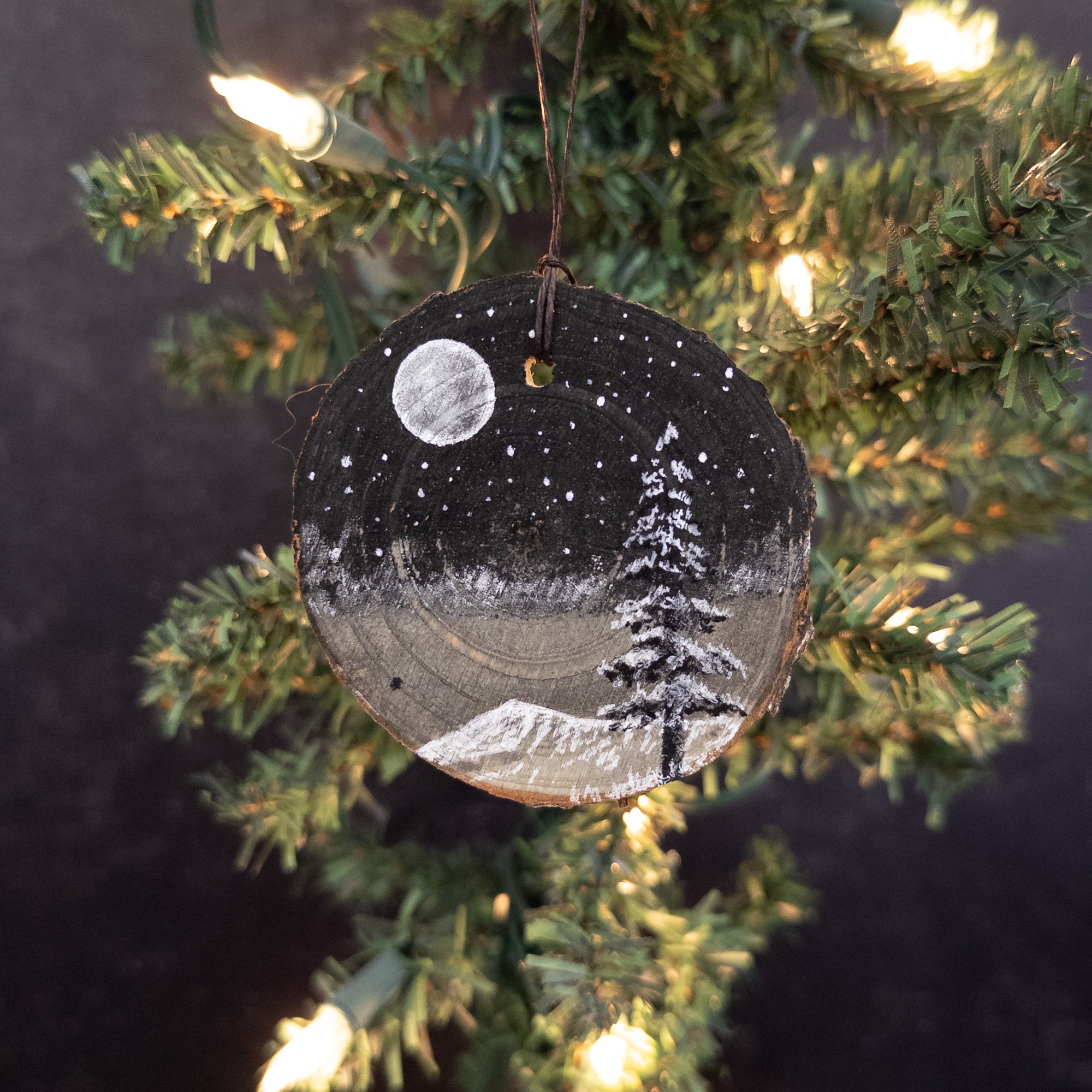 Winter Theme Wood Ornament 2025 - 48 - Silver Moon and Snowy Mountain Landscape