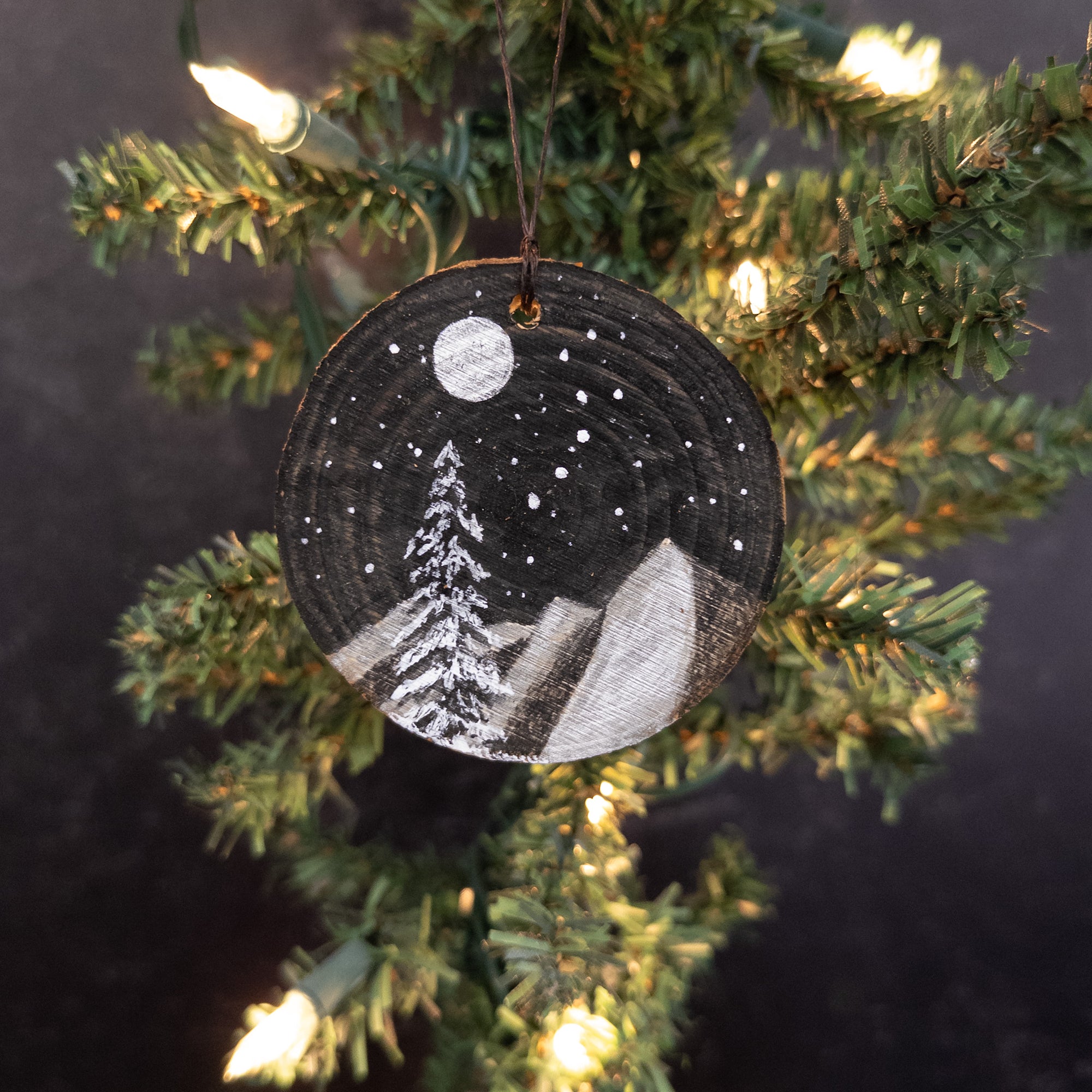 Winter Theme Wood Ornament 2025 - 45 - Snowy Tree, Silver Mountains and Little Dipper