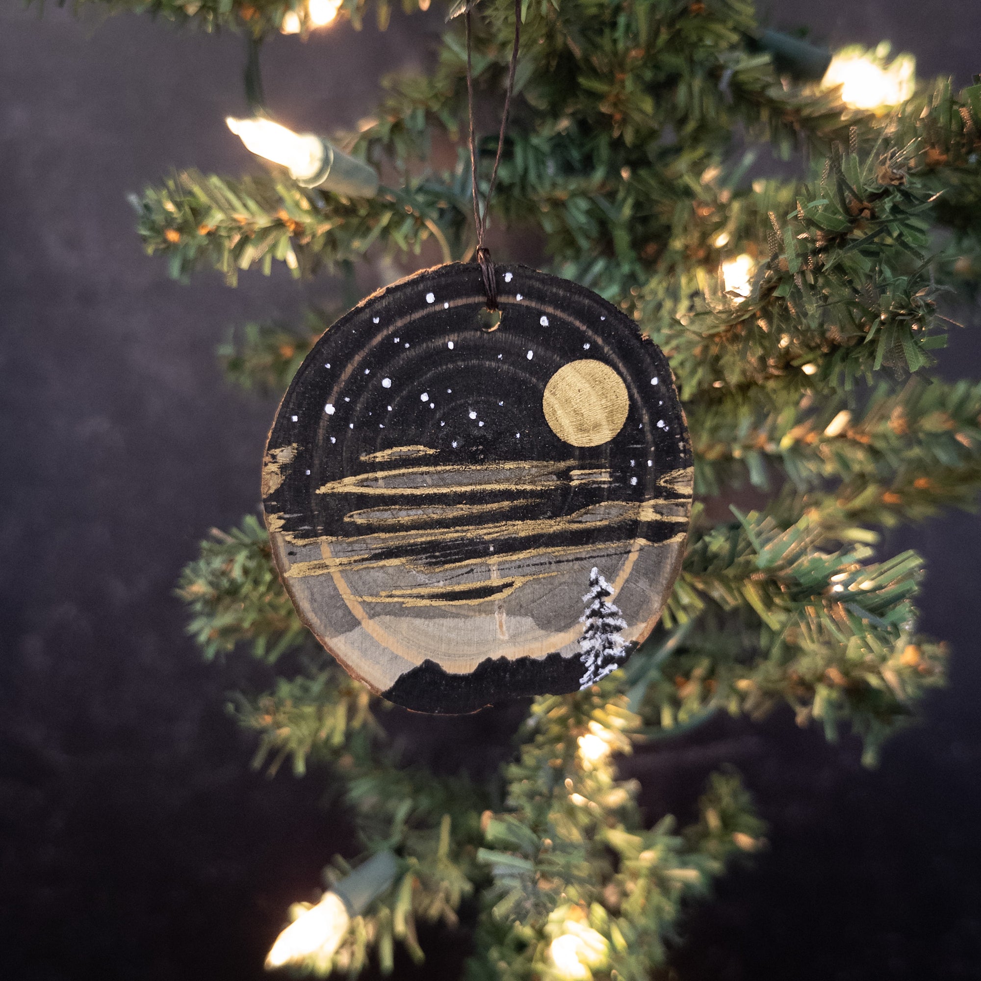Winter Theme Wood Ornament 2025 - 42 - Mountain Landscape with Gold Moon and Gold Lined Clouds