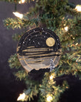 Winter Theme Wood Ornament 2025 - 42 - Mountain Landscape with Gold Moon and Gold Lined Clouds