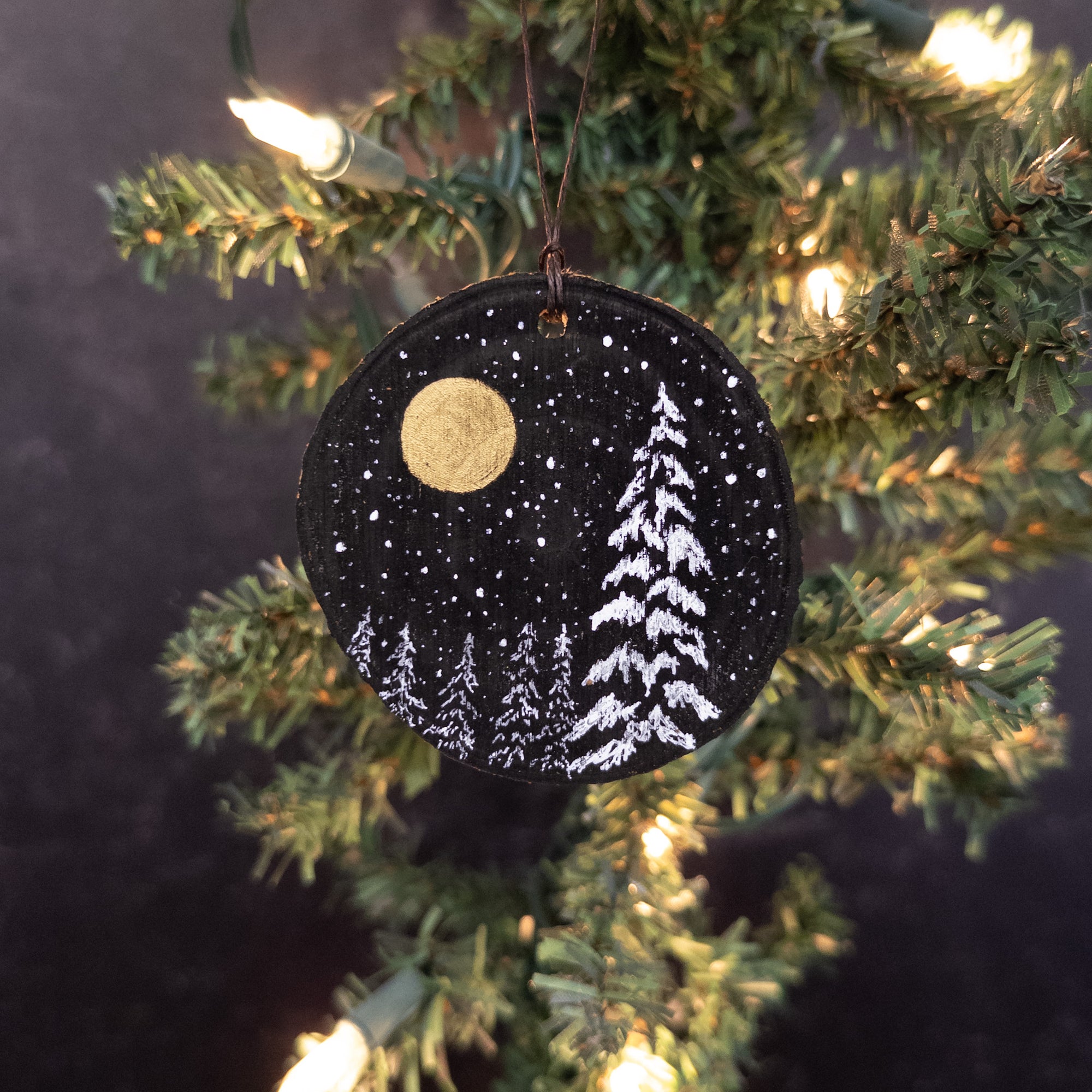 Winter Theme Wood Ornament 2025 - 55 - Snowy Tree and Forest with Gold Moon