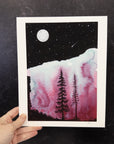 Red Aurora Night Sky and Trees - Art Print - Print to Order