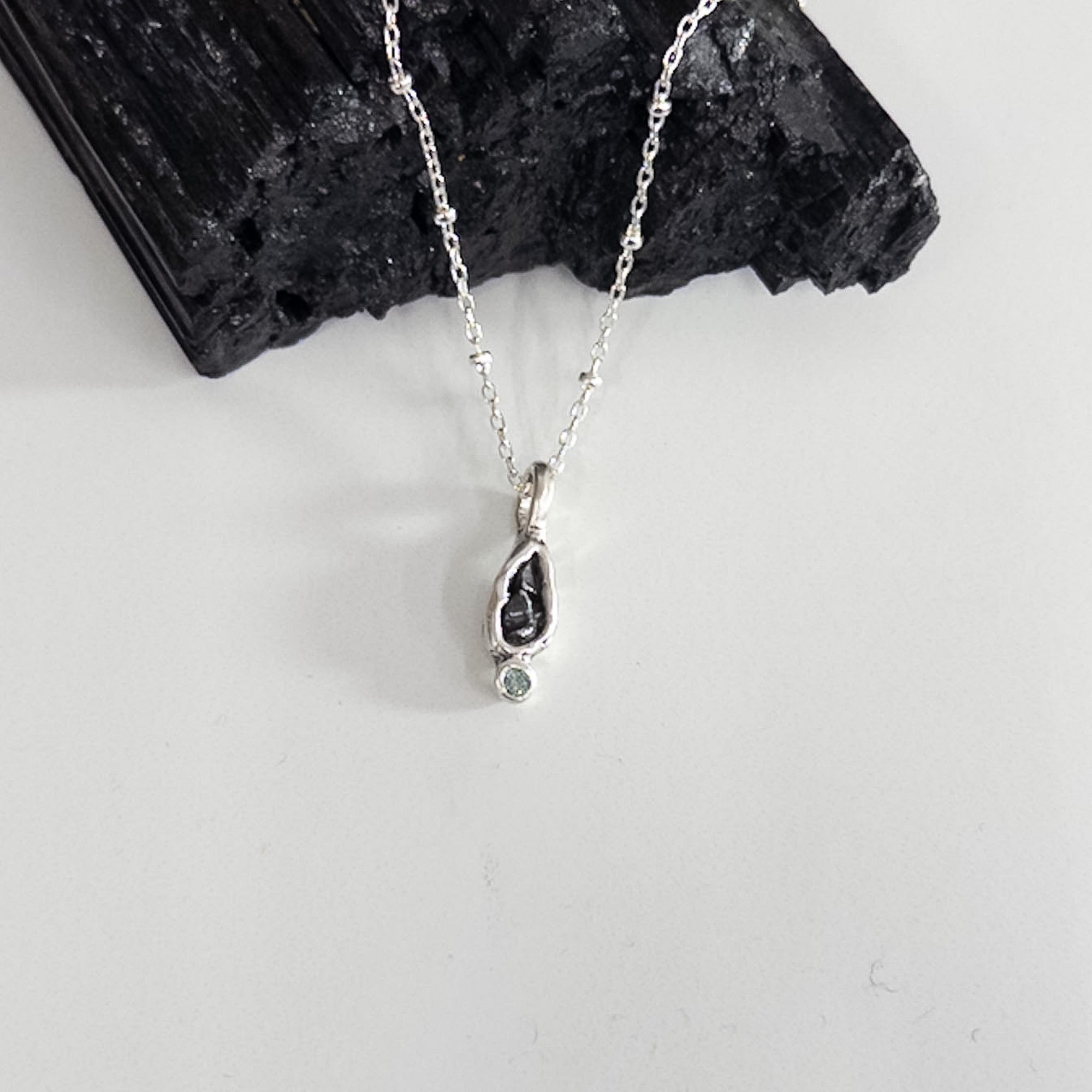 Meteorite Pendant - Meteorite and Green/Blue Diamond - in Sterling Silver - Ready to Ship