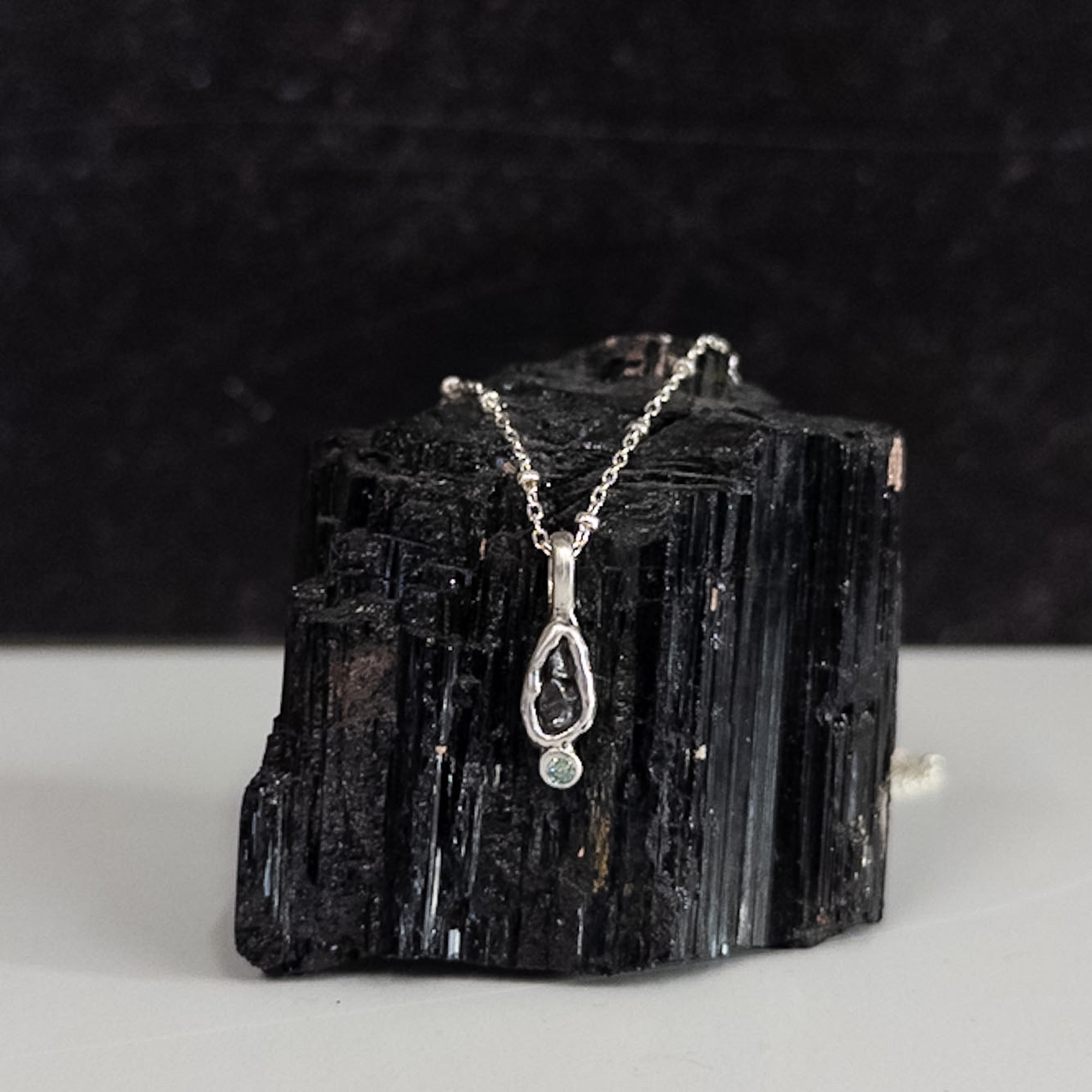 Meteorite Pendant - Meteorite and Green/Blue Diamond - in Sterling Silver - Ready to Ship