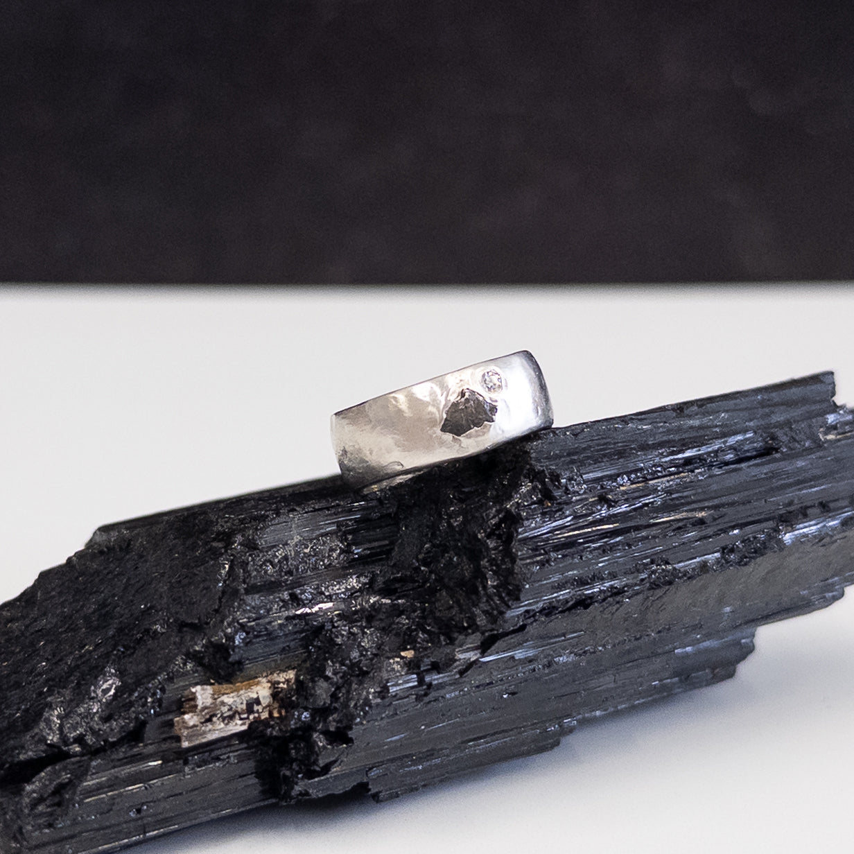 Tiny Mountain Meteorite Ring with Moissanite in Palladium Sterling Silver - size 6 - Ready to Ship