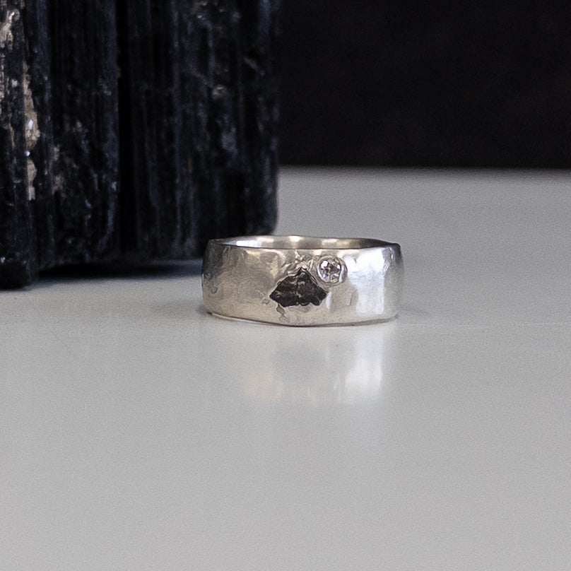 Tiny Mountain Meteorite Ring with Moissanite in Palladium Sterling Silver - size 6 - Ready to Ship