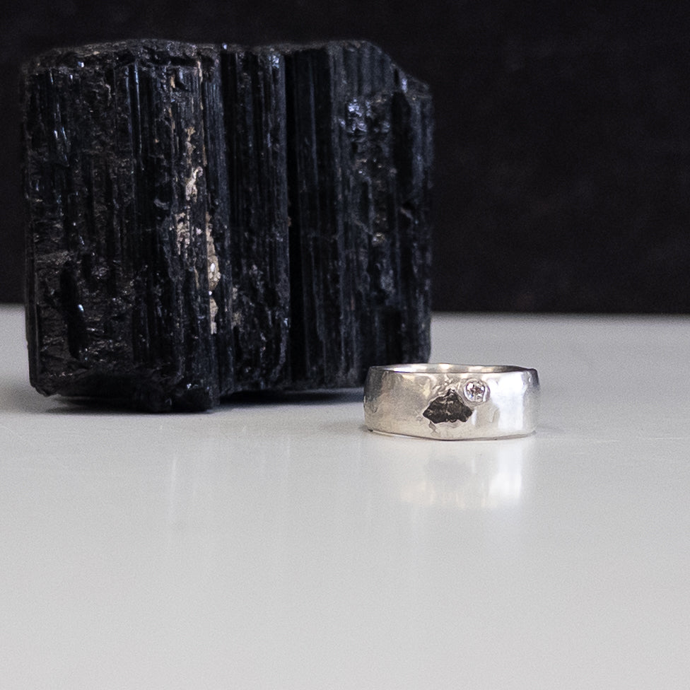 Tiny Mountain Meteorite Ring with Moissanite in Palladium Sterling Silver - size 6 - Ready to Ship