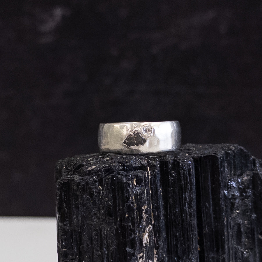Tiny Mountain Meteorite Ring with Moissanite in Palladium Sterling Silver - size 6 - Ready to Ship