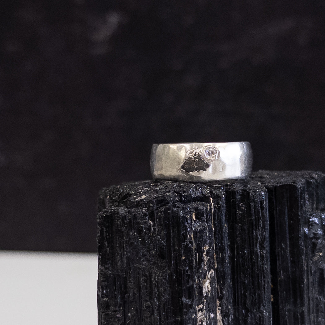 Tiny Mountain Meteorite Ring with Moissanite in Palladium Sterling Silver - size 6 - Ready to Ship