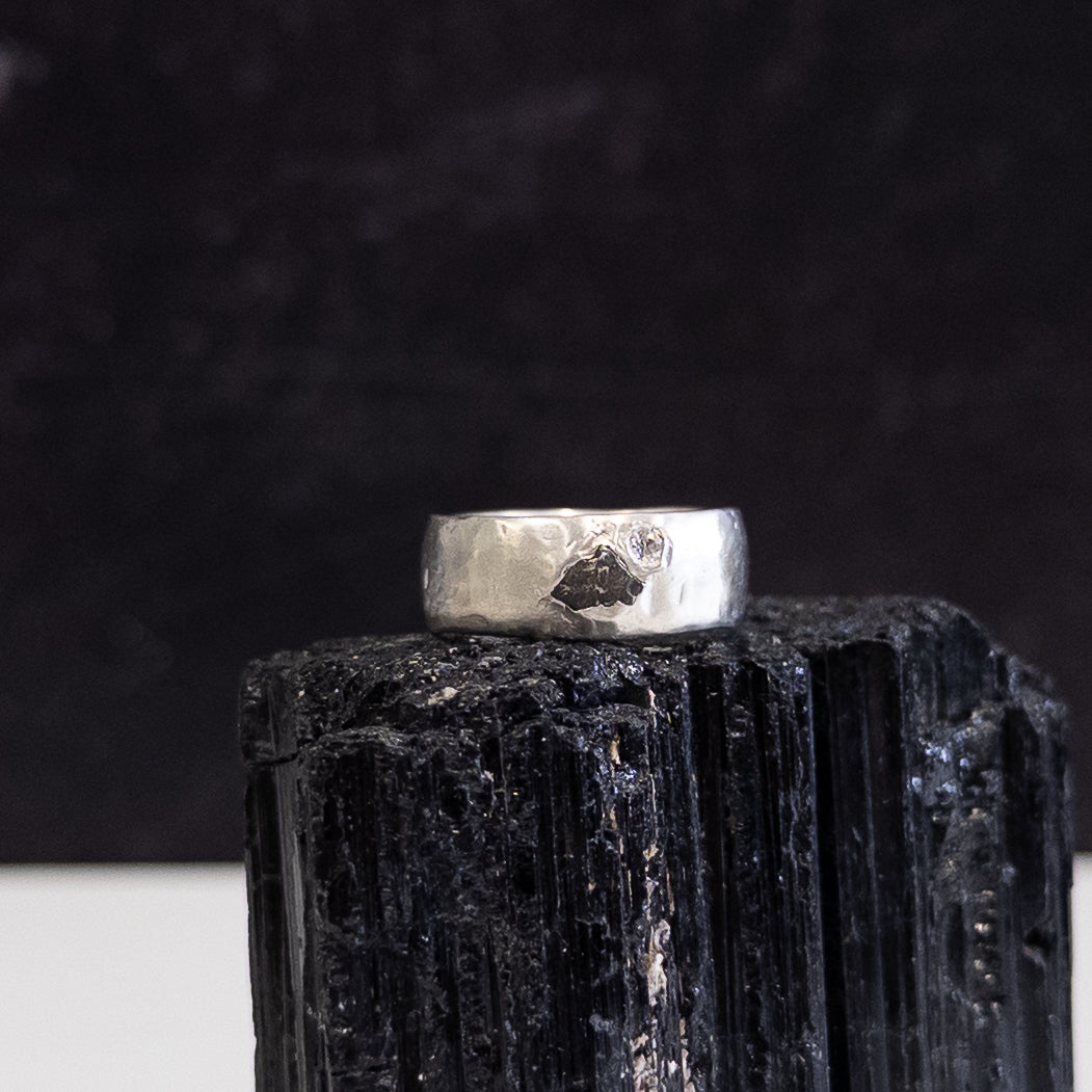 Tiny Mountain Meteorite Ring with Moissanite in Palladium Sterling Silver - size 6 - Ready to Ship