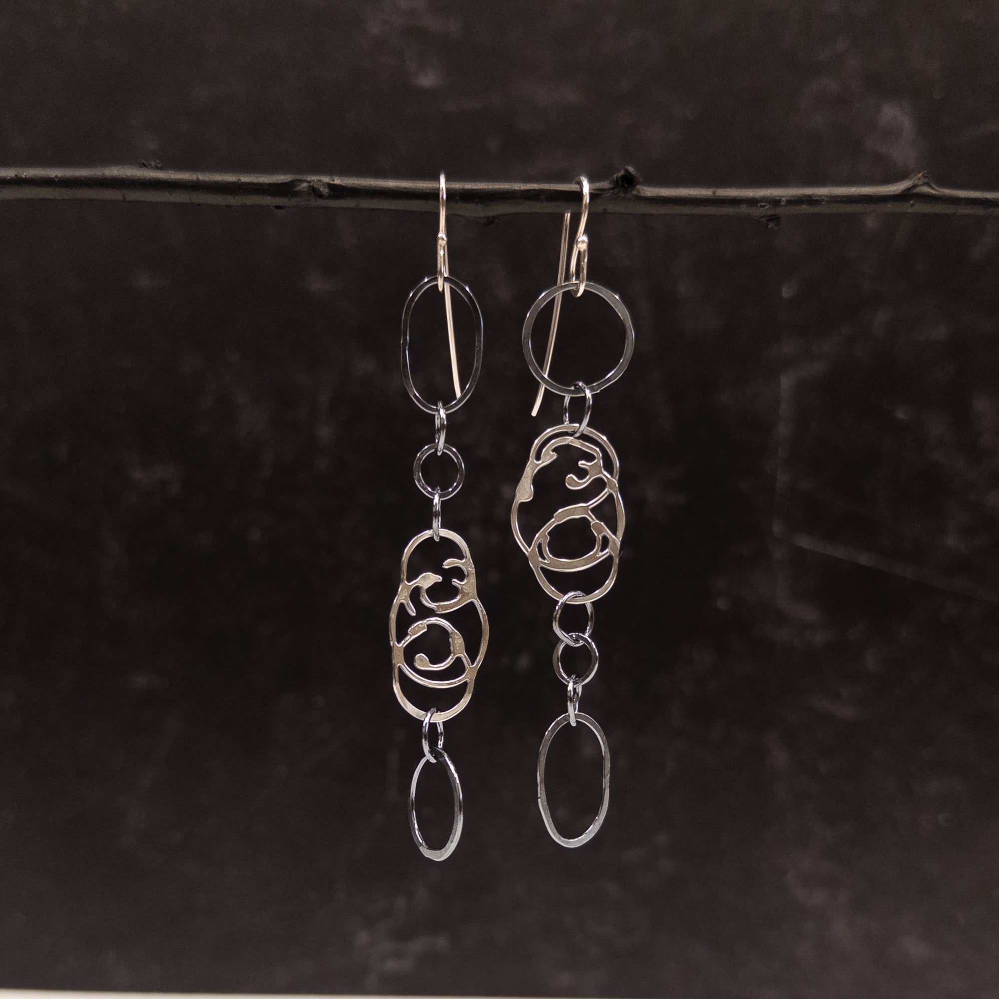 Asymmetrical organic vine element long earrings - Ready to ship