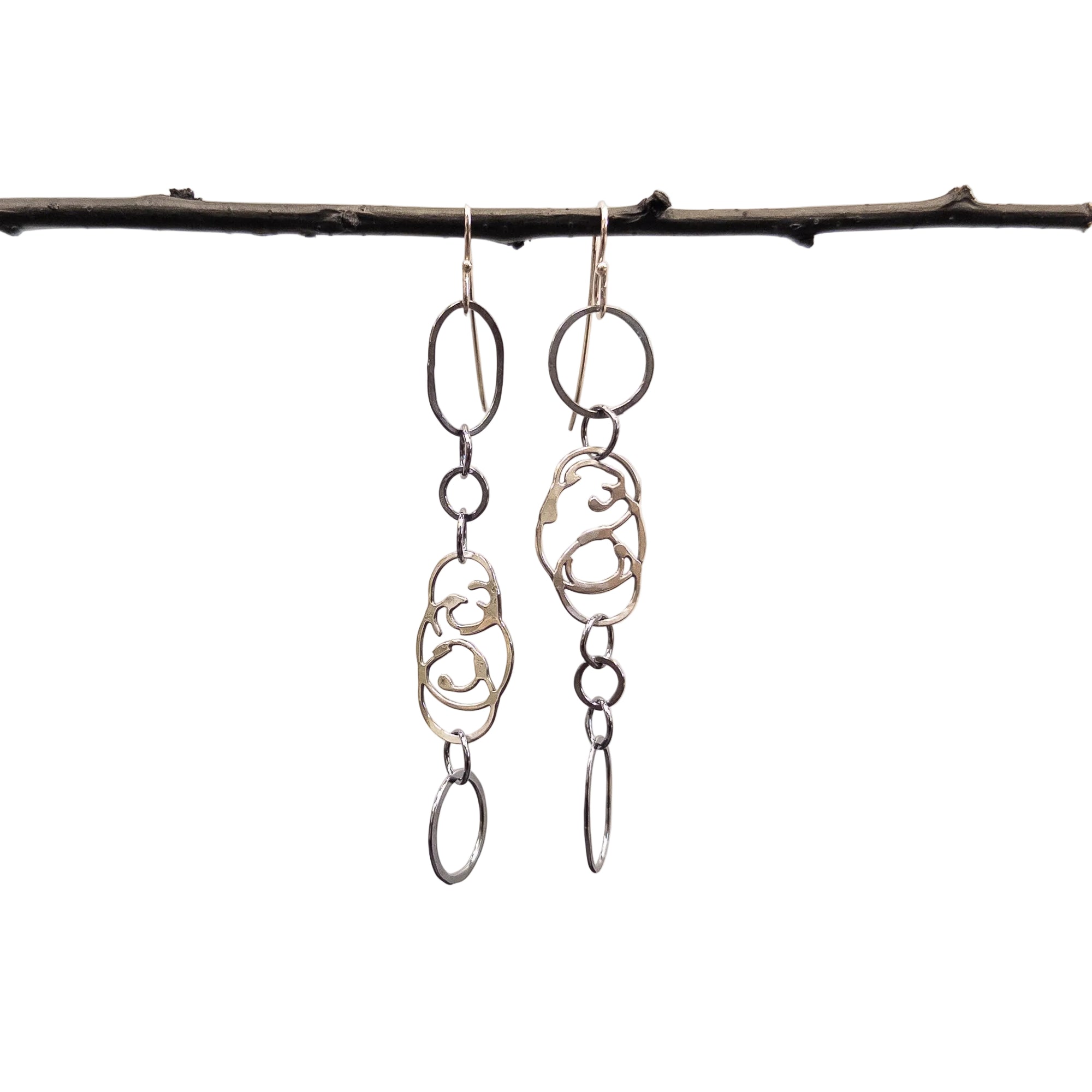 Asymmetrical organic vine element long earrings - Ready to ship