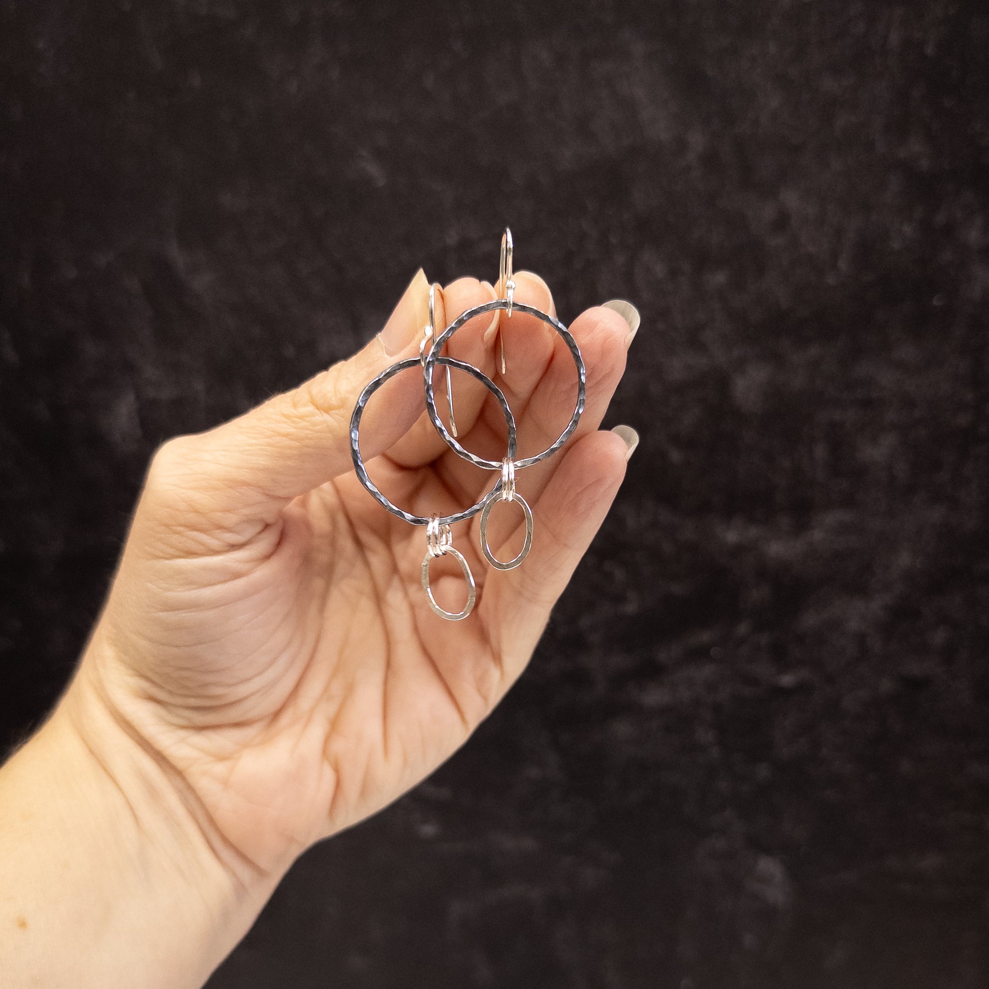 Simple Dark Silver Circles with tiny ovals Earrings - Sterling Silver - Ready to ship